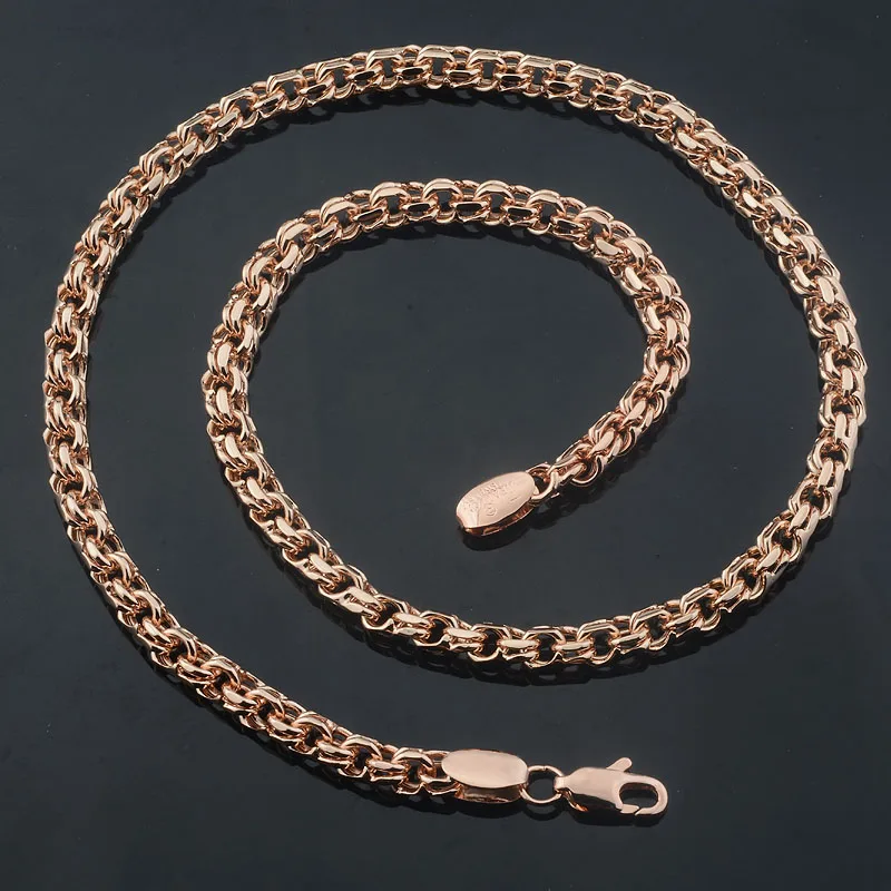 FJ Men Women 6mm Hip Hop Double Rolo Link Chain 585 Rose Gold Color Necklace 50+20cm Bracelet