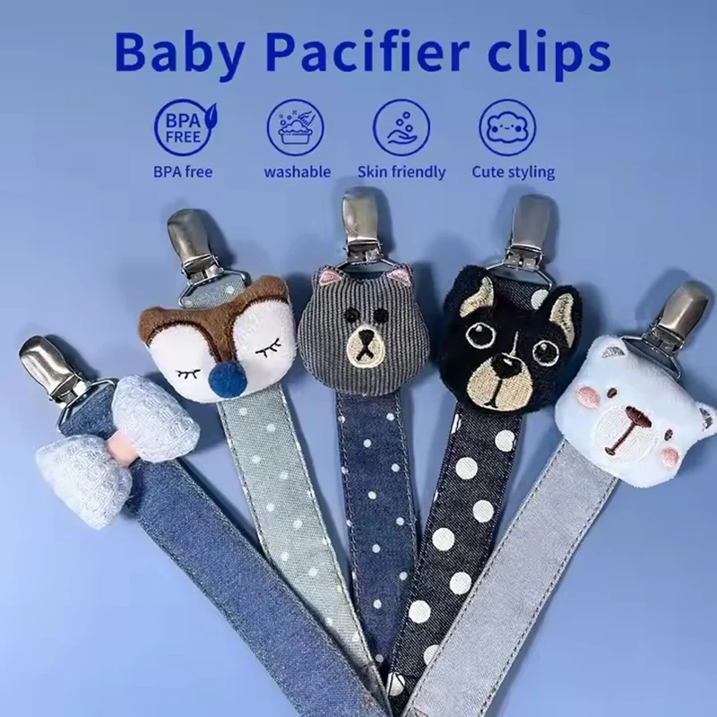 Handmade Pacifier Clip Denim Fabric Nipple Holder with Cute Little Doll Jeans Dummy Clips for Babies Boys Girls Teething Toys