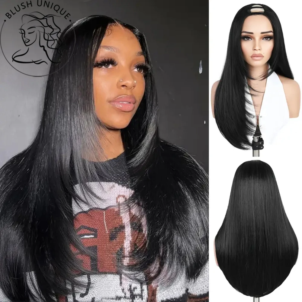 

Прямой многослойный парик с V-образной частью, натуральный черный обновленный бесклеевой парик для женщин, синтетический многослойный парик с V-образным вырезом, зажим на голову в полупарике