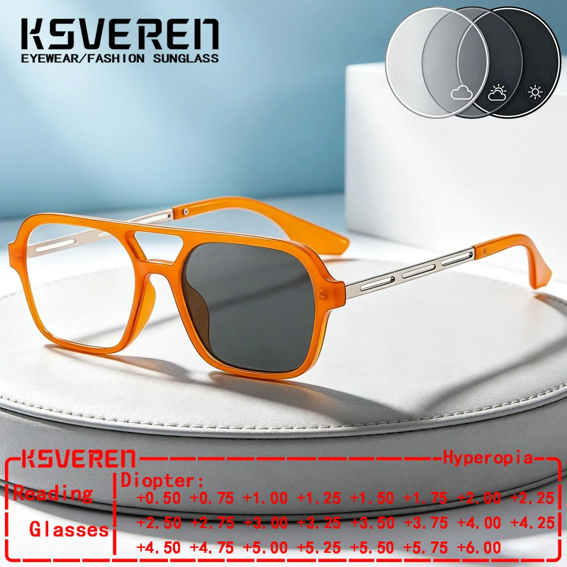 

Fashion Double Bridge Square Photochromic Reading Glasses Men Women Sun Discolour Single Focus Prescription Presbyopic Eyewear