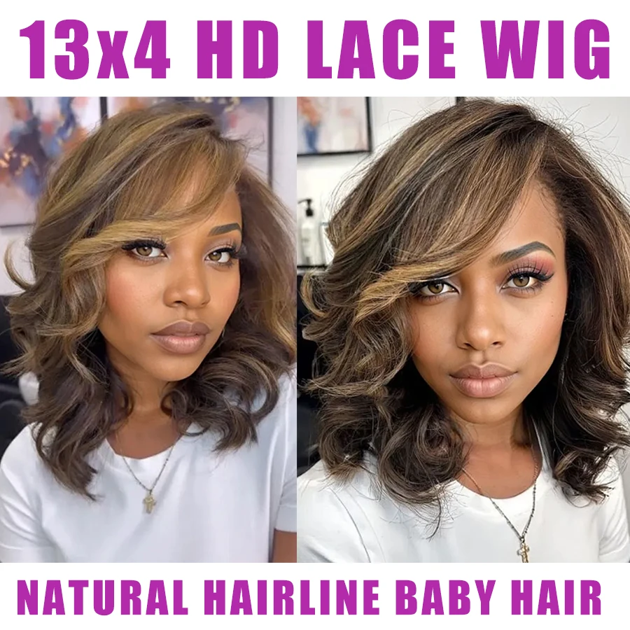 13x4 الجسم موجة يسلط الضوء على باروكة من شعر طبيعي HD الدانتيل الشفاف شعر مستعار أمامي الشعر البرازيلي العسل شقراء 4/27 اللون 200% الكثافة Wav