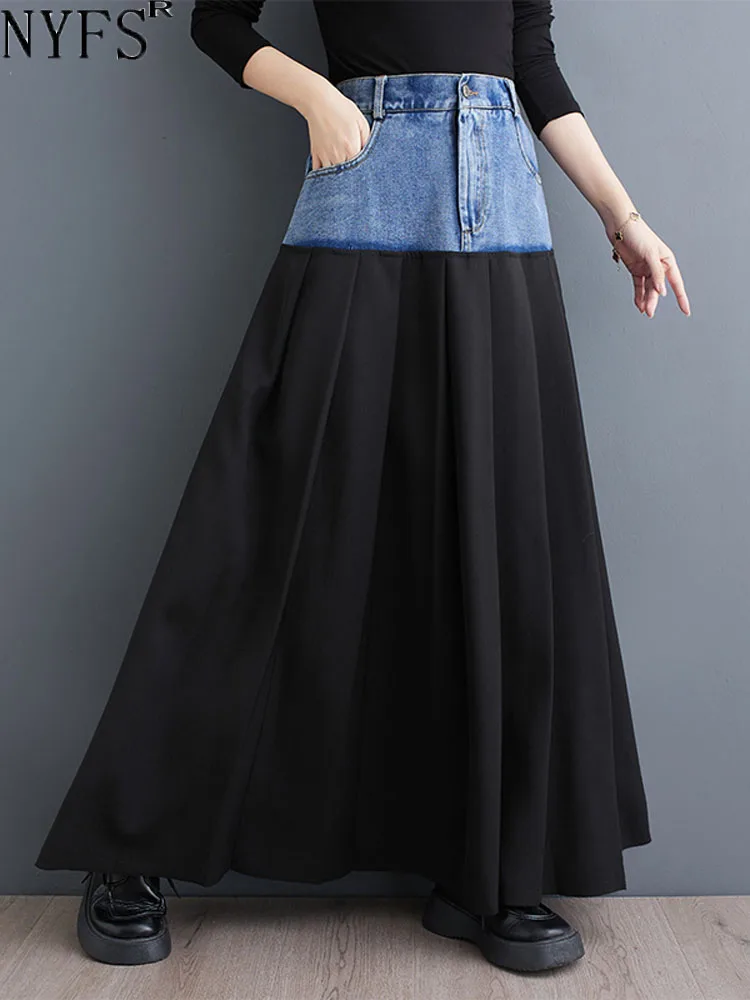 

NYFS 2024 Spring New Korean Woman Skirt Loose Plus Size High Waist Patchwork Denim Long Skirts Faldas Mujer Saias