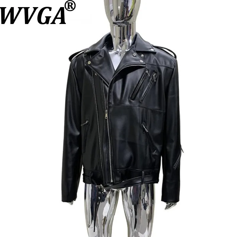 

WVGA Autumn Winter New Men Tide Multi-Zipper Belt Trendy Short PU Leather Jacket Niche Chic Casual Turn-Down Collar Coats W15418