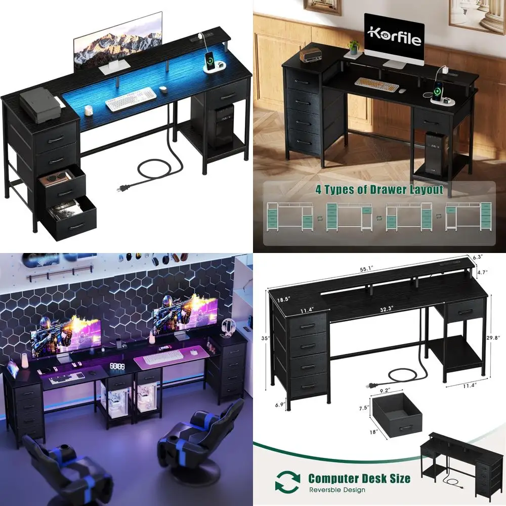 โต๊ะเล่นเกมพร้อมไฟ LED 55 ดวง พร้อมลิ้นชักปรับได้ ปลั๊กไฟ และพื้นผิวแบบกลับด้านได้ สำหรับใช้ในโฮมออฟฟิศ