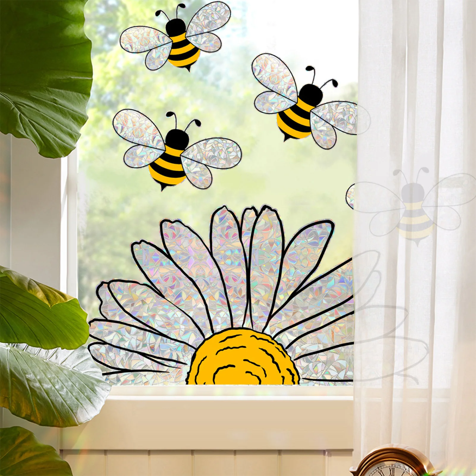 Colorful Bee Sunflower Window Sticker Self Adhesive Electrostatic Rainbow Mural Windows Glass Wall Decals for Home Office Decora