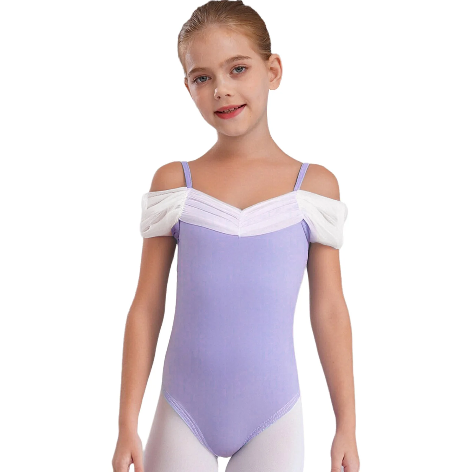 #110-170 Kids Girls Ballet Gymnastics Performance Dance Costume Butterfly Back Ruched Mesh Collar Ballet Warm-up Dance Leotard