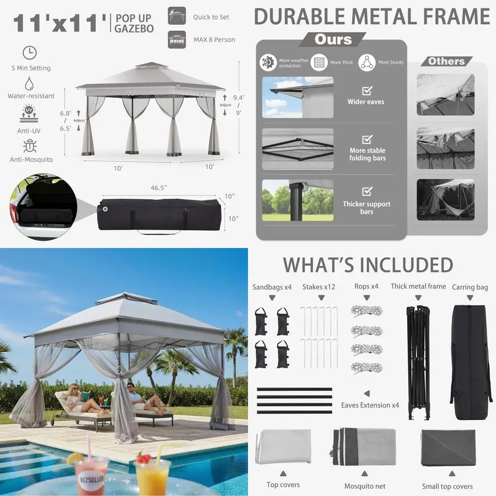 

Садовый шатер-тент 3,35x3,35 м с москитной сеткой - усиленный, водонепроницаемый, вентилируемый, с 4 утяжеляющими мешками, сумкой для переноски, быстрая установка для мероприятий на открытом воздухе