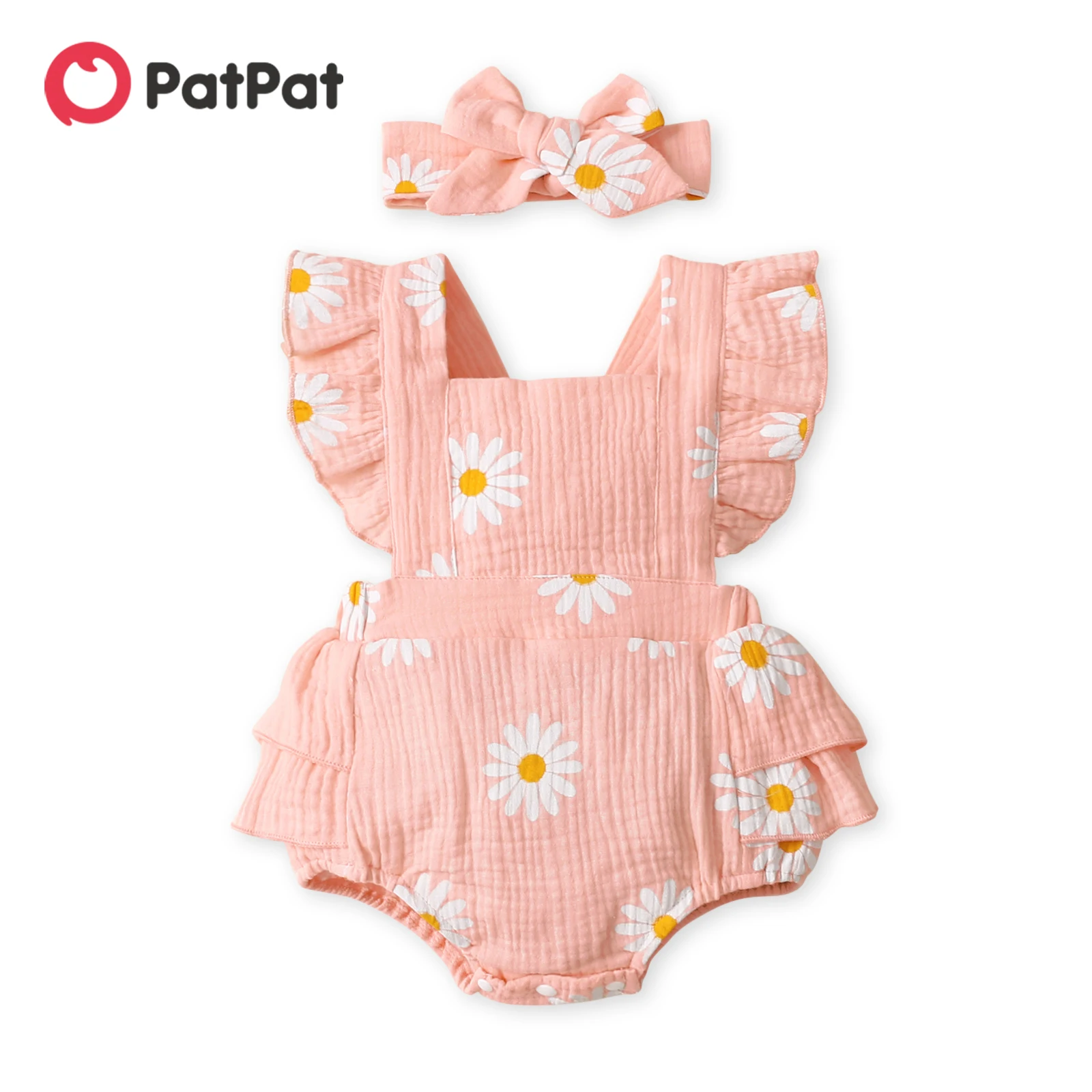 PatPat 100% Cotton 2pcs Baby Girl Bodysuit Daisy Print Crepe Fabric Baby Romper Sets Baby Girls Jumpsuits Clothes