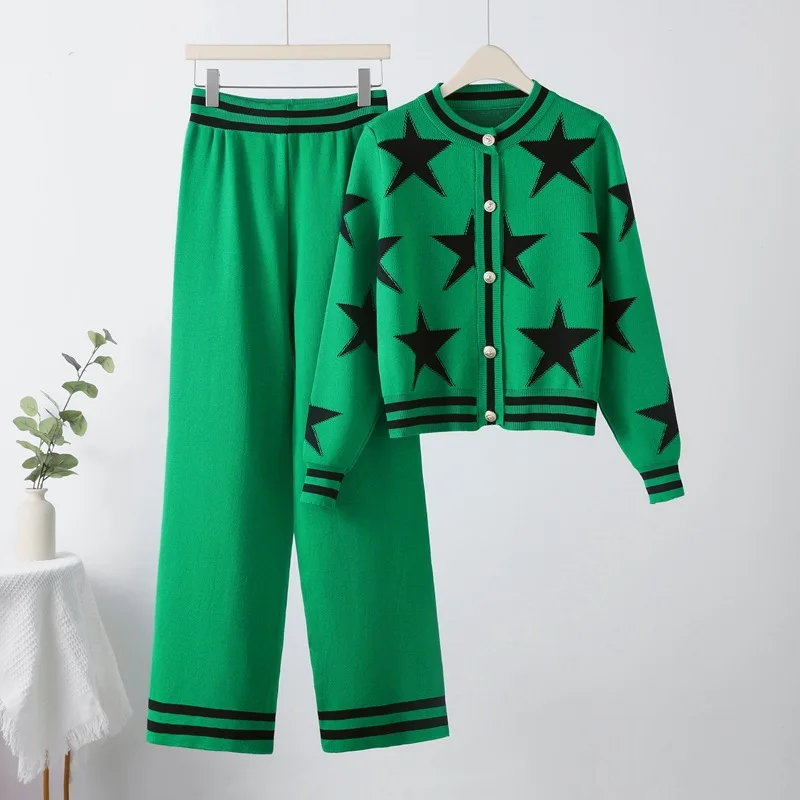 

2024 Five-pointed Star Jacquard Contrast Color Knitted O Neck Sweater Jacket Women Casual Pants Women Two Piece Sets Elegant