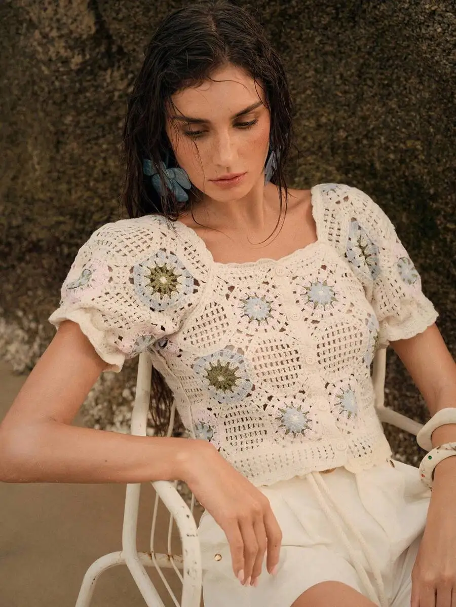 풀오버 버튼업 크로셰 탑 반팔 그랜니 스퀘어 오픈 니트 블라우스 크롭 가디건 여성용 틴걸 페어리코어 의상