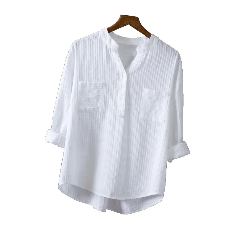 

Cotton White Shirt Women's Tops Mejer Office Long Sleeve New Korean Loose Casual Vertical V-neck Shirts Top XQ389