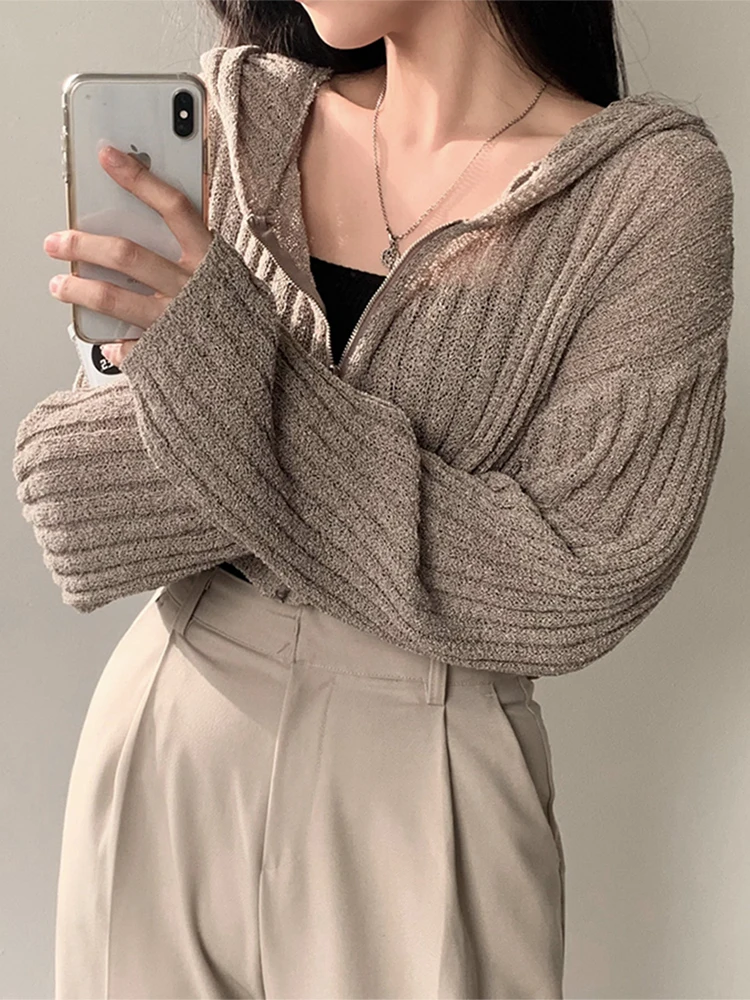 

Chic Early Autumn Spicy Girl Sle Striped Texture ort Sve Long Zipper Hooded Color Knitted Jaet Women's Outerwear
