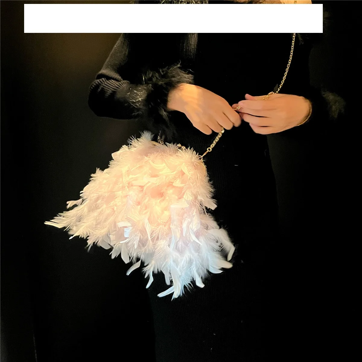

Elegant Handmade Real Ostrich Feathers Clutch Bag Chain Evening Bag Handbag Autumn Winter Pearl Fairy Bag for Women
