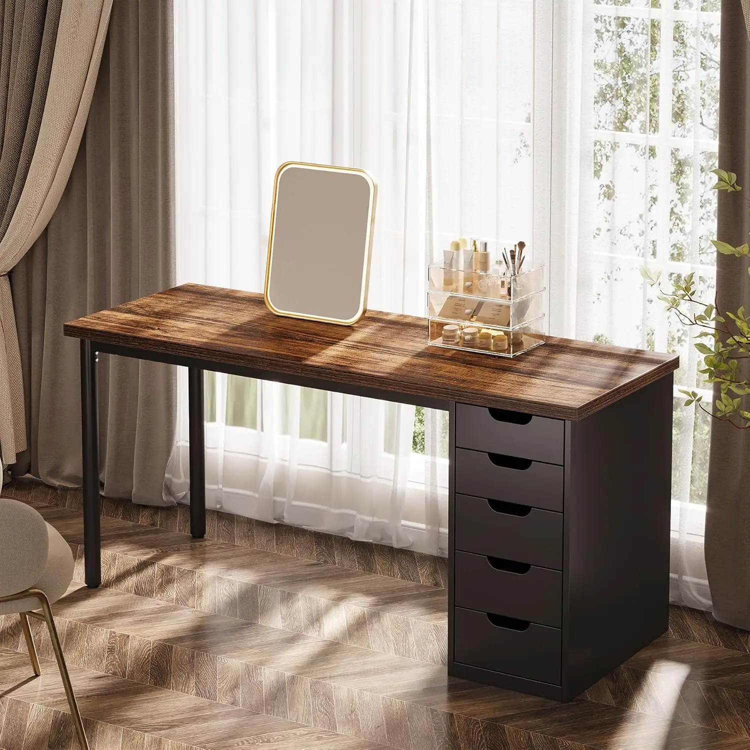 Modern Simple Computer Desk, 47 Inches PC Desk with 5 Reversible Drawers, Rustic Brown Study Writing Table Workstatio