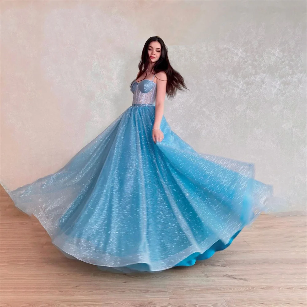 

Lily Blue Tulle Formal Dresses Shining A Line Party Dresses For Wedding Spaghetti Strap Special Occasion Dresses robe soirée