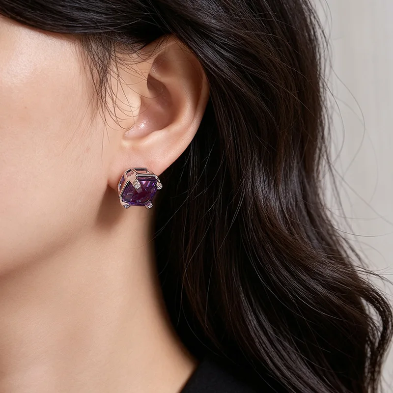Natural Amethyst Gemstone Square Stud Earrings 925 Sterling Silver Minimalist Luxury Gala Daily Fine Jewelry Gift For Women