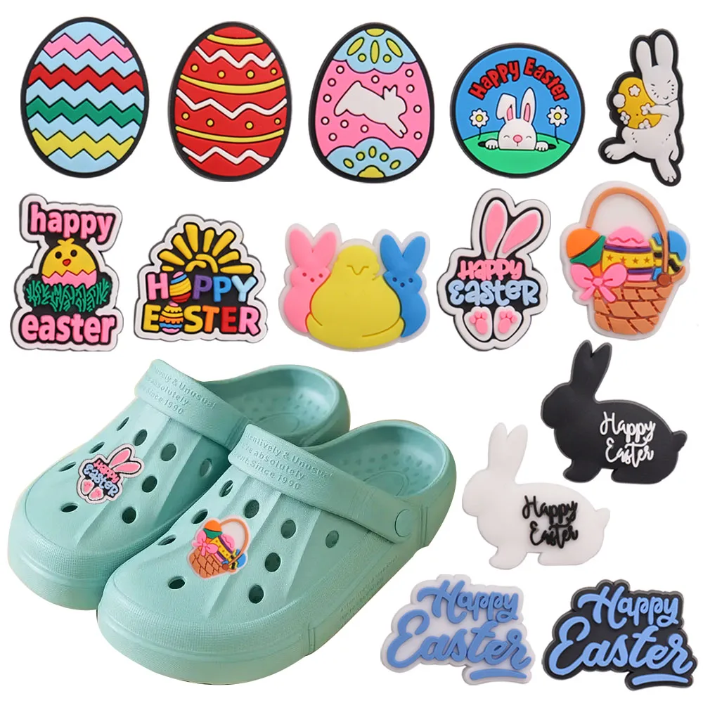 Mix 50pcs PVC Kawaii Cartoon Happy Easter Rabbit Chicken Egg Garden Shoes Decorations Fit Shoe Charms Children Party Present