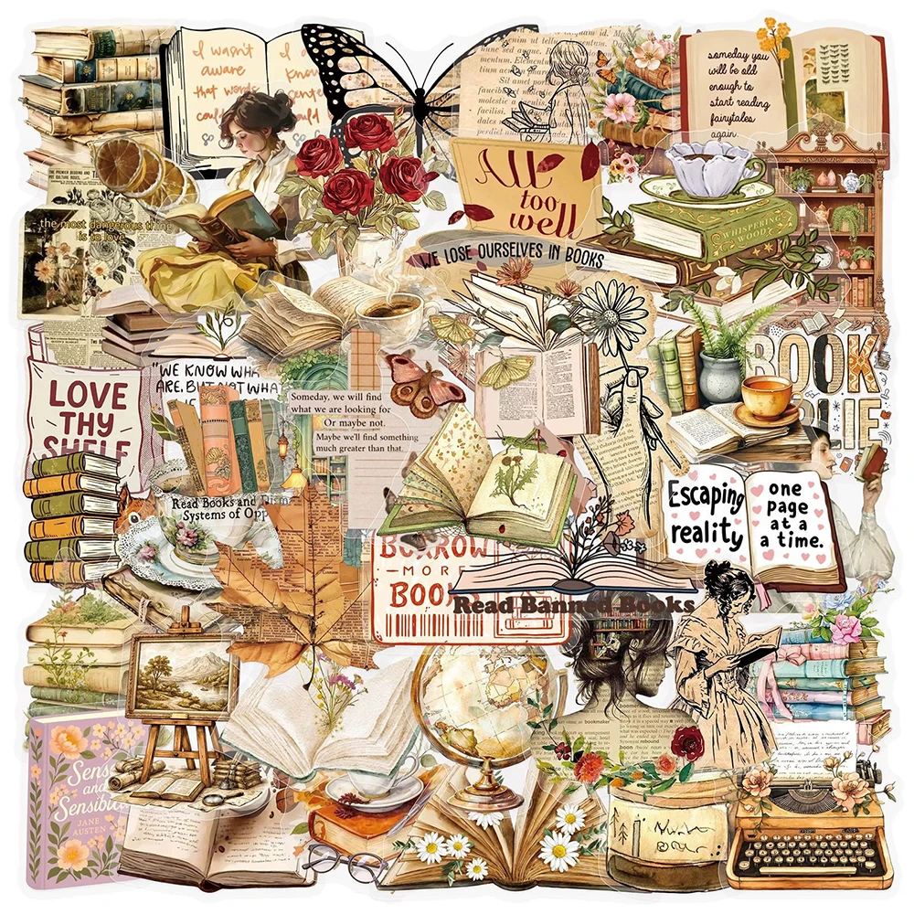 10/30/50pcs Vintage Reading Bookish Aesthetic Stickers Cartoon Transparent PET Decals DIY Water Bottle Guitar Phone Case Sticker