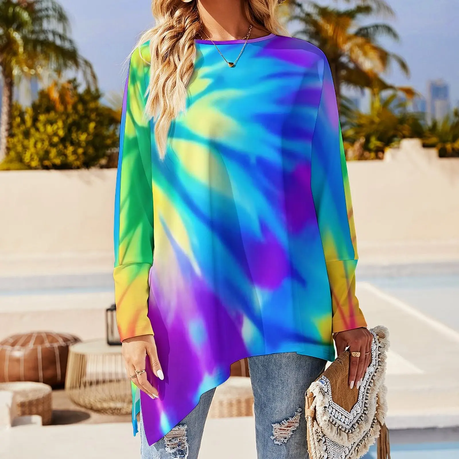 Colorful Tie Dye T Shirt Rainbow Print Vintage Long Sleeve T-Shirts Ladies Street Fashion Tee Shirt Big Size Design Tops