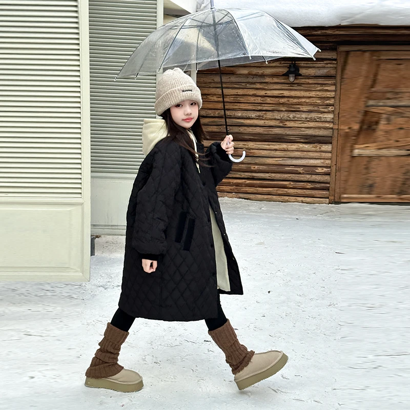 2025 AW جديد البند 4-14Y الفتيات معطف مبطّن اليابان الكورية موضة سميكة طويلة أسفل سترة المتضخم الشتاء معطف دافئ للأطفال