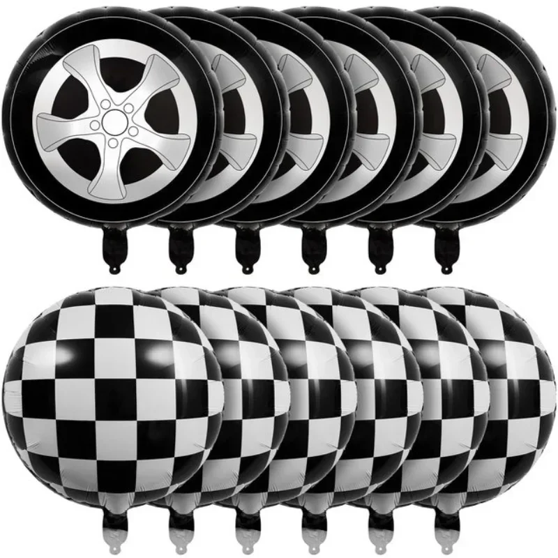 12 Stück/Set 18 Zoll Rennreifen Schwarz-Weiß Karierte Folienballons Rennsport Geburtstagsparty-Zubehör für Jungen Rennwettbewerb – Detail 1