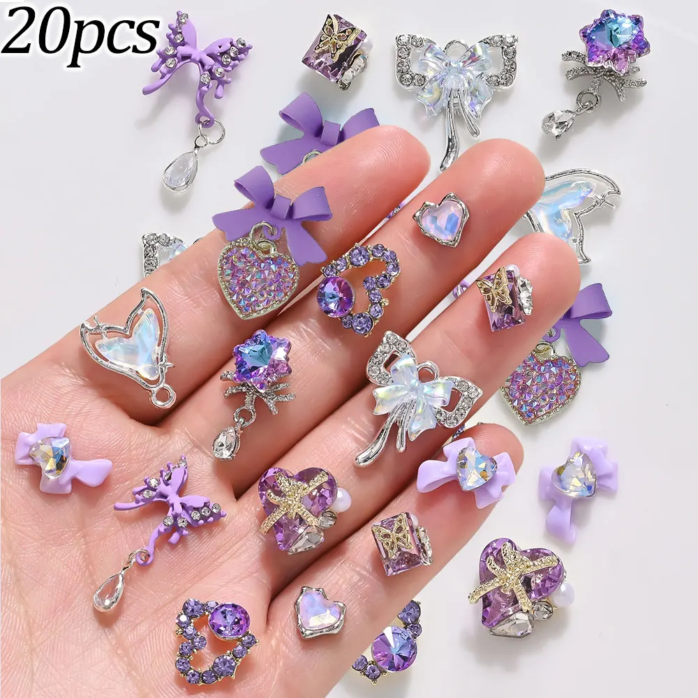 

20 шт. смешанные роскошные фиолетовые бриллиантовые стразы для ногтей, 3D сплав, бант, бабочка, сердце, подвеска для ногтей, очаровательный хвост русалки, декор для ногтей