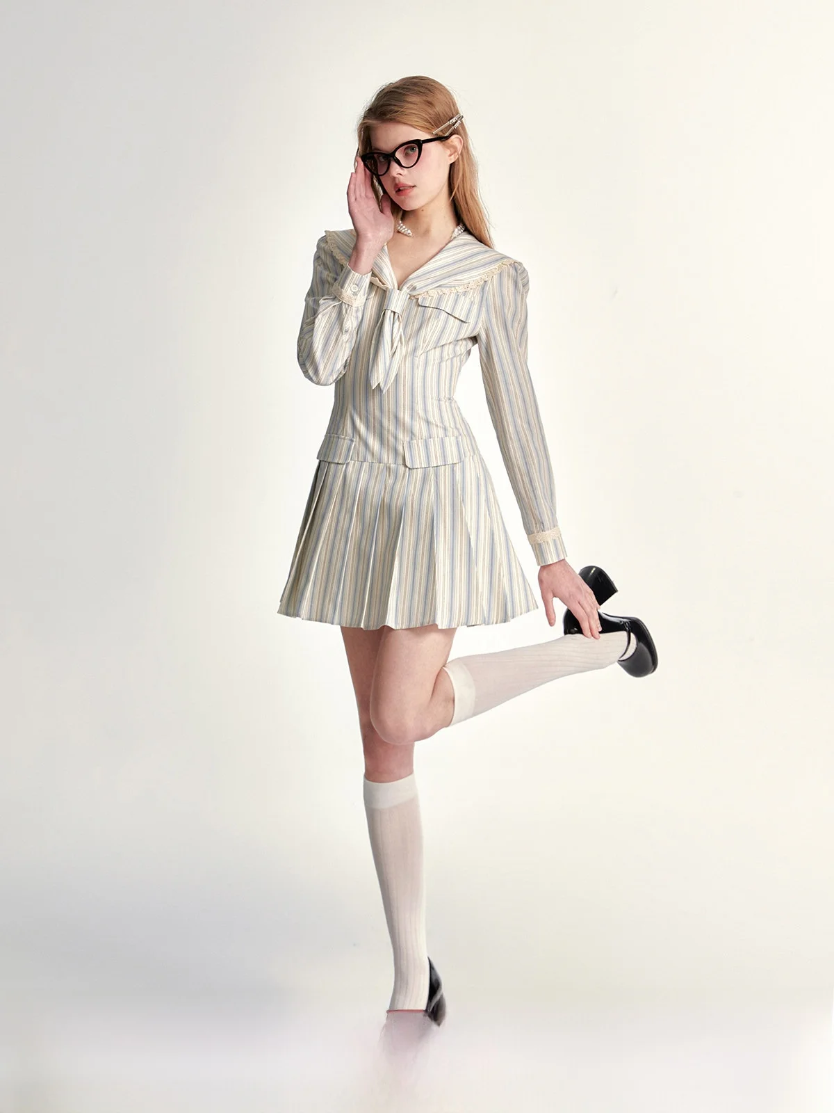 

Annatto Navy Collar irt Dr Women's Pre-Aged Striped Dr Fre Sweet Sle Long Sve ort Skirt Autumn Spring New