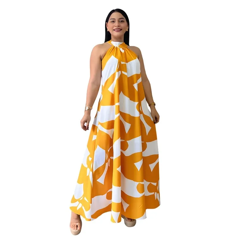 

Summer Beach Fashion Casual Comfortable Loose Design Women's Sleeveless Neck-mounted Seaside New Printed Summer Elegant Dress