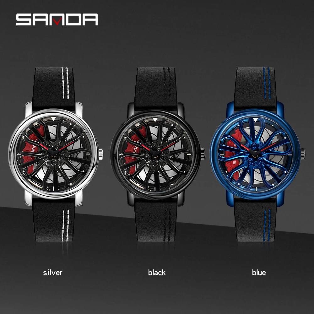 SANDA New Fashion Hot Sell Men\'s Watch 360 Degree Rotating Wheel Rim Dial Leather Strap Waterproof Sport Quartz Watch Cool Clock