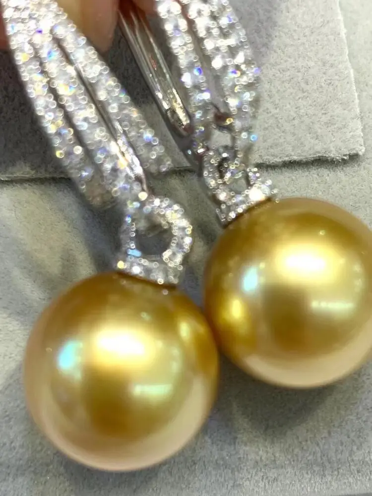 

HUGE AAAAA 10-11mm Real South Sea ROUND Natural Golden Pearl Earring 925S