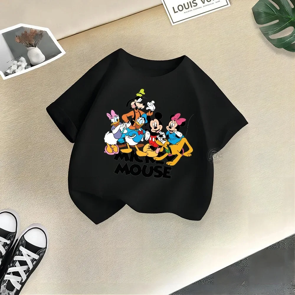 Disney Mickey Minnie Summer Cotton T-shirt Street Casual Fashion Boys Girls Crewneck Tops Lively and Cute Children's Clothing