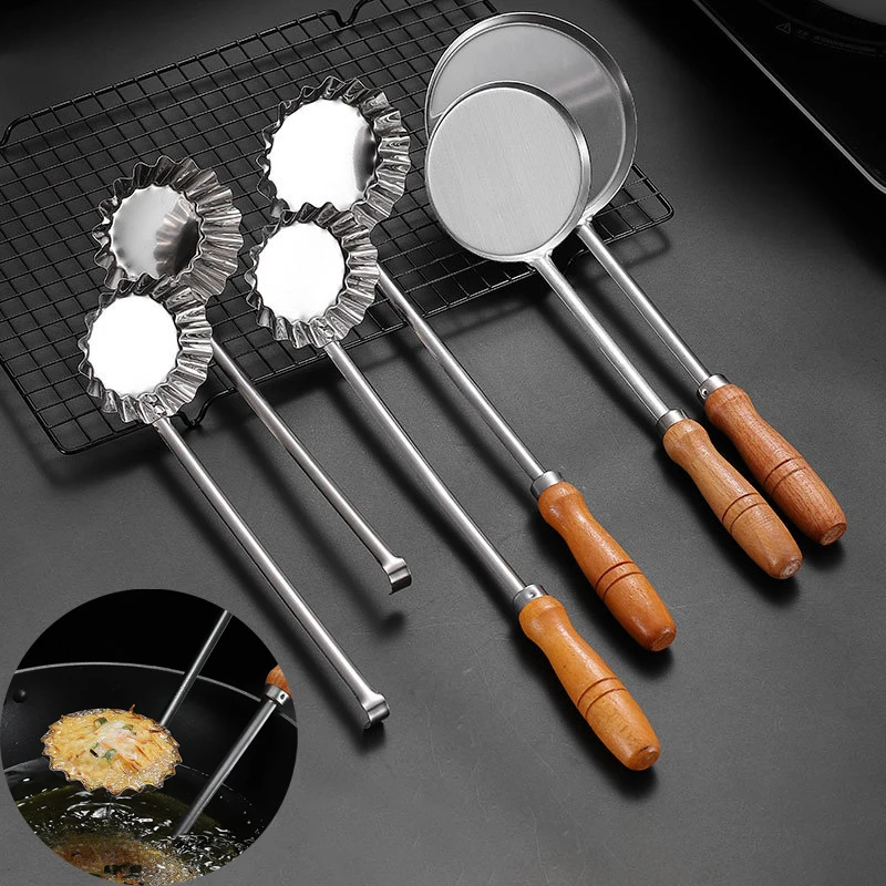 Wooden Handle Frying Spoon Non-Stick Chinese Youdunzi Mold Meat Pie Spoon Fried Food Ladle Serving Spoon Kitchen Cooking Tools