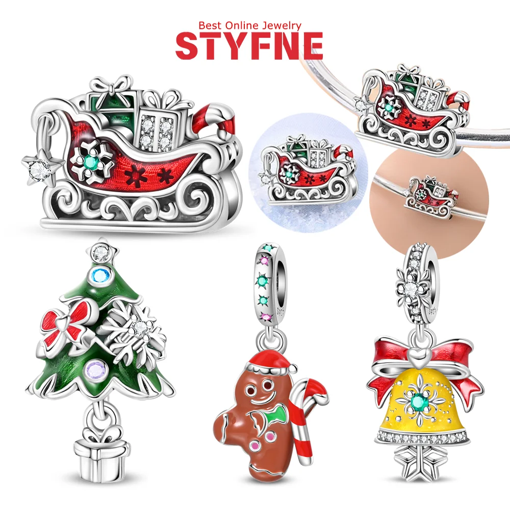 

Christmas Charms 925 Silver Sleigh Gingerbread Man Bell Christmas Tree Beads Pendant Fit Diy Jewelry Fine Gift Original Bracelet