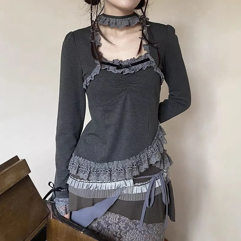 

Y2K Vintage Lace Gray T Shirts Women Harajuku Grunge Patchwork Long Sleeve Tees Fairycore Lace Slim Crop Tops Kpop Aesthetic