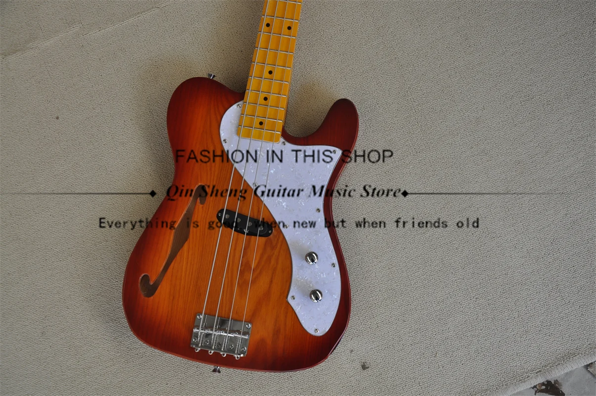 4 Strings Bass Semi Hollow Guitar Sunburst Cherry Bass ASH Wood Body Fixed Bridge Chrome Tuners White Pearl Pickguard