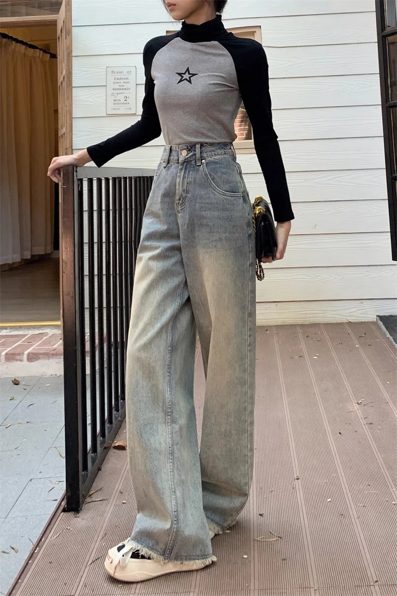 

Женские джинсы с рваным подолом и высокой талией, расклешенные винтажные широкие брюки свободного покроя, длинные брюки на осень-зиму