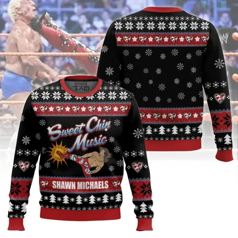 Atleta legendario Shawn Michaels suéter feo Heartbroken Kid Hbk rojo y negro estilo navideño lucha libre diversión festiva alrededor