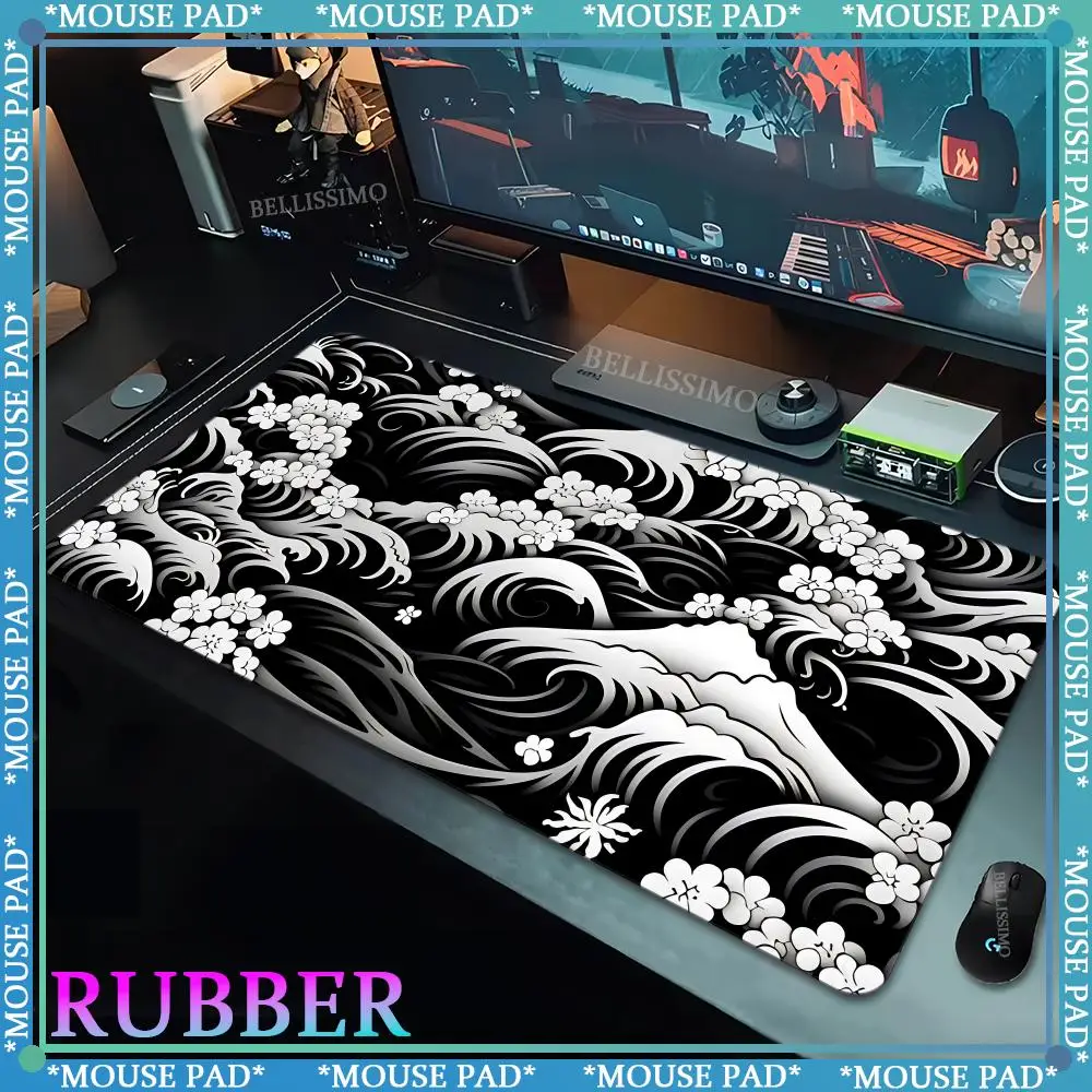 Art mousepad Japanese surfing oversized game keyboard pad horror desk mat computer black and white lock edge rubber mouse pad