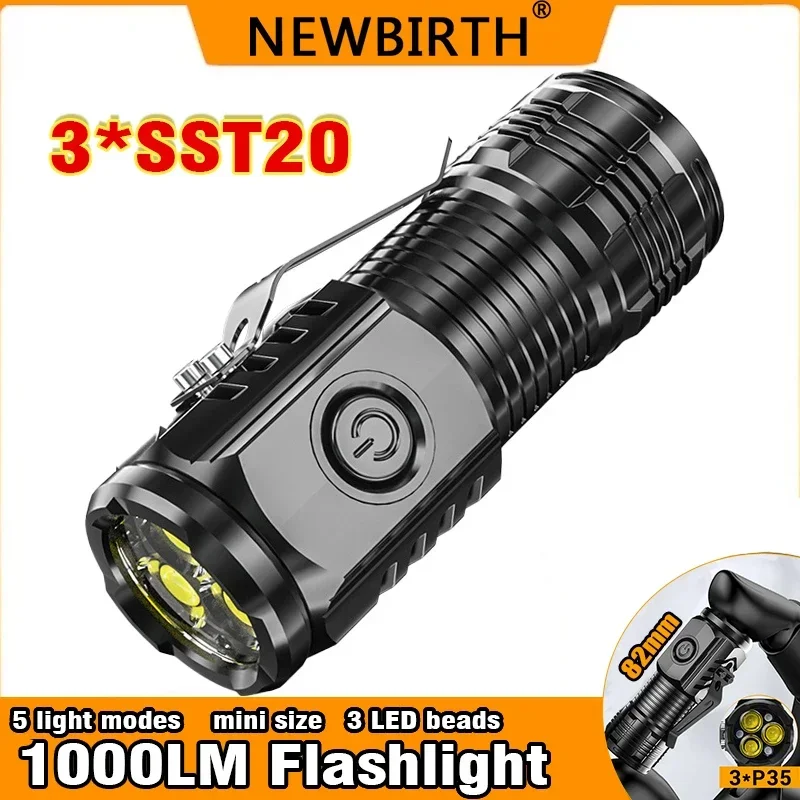 3*SST20 LED Flashlight Mini Portable Torch  Ultra Strong Light 2000LM Flash Light Built-in Rechargeable Battery with Pen Clip