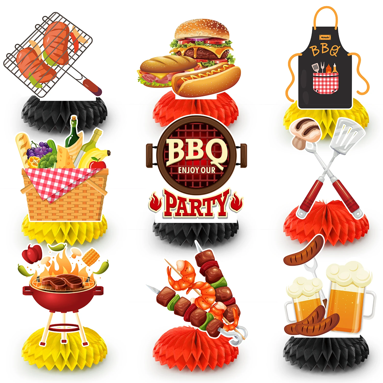

9 Pcs BBQ Baby Shower Centerpieces Summer BBQ Table Decor BBQ Theme Honeycomb Centerpieces for Barbecue Holidays Supplies