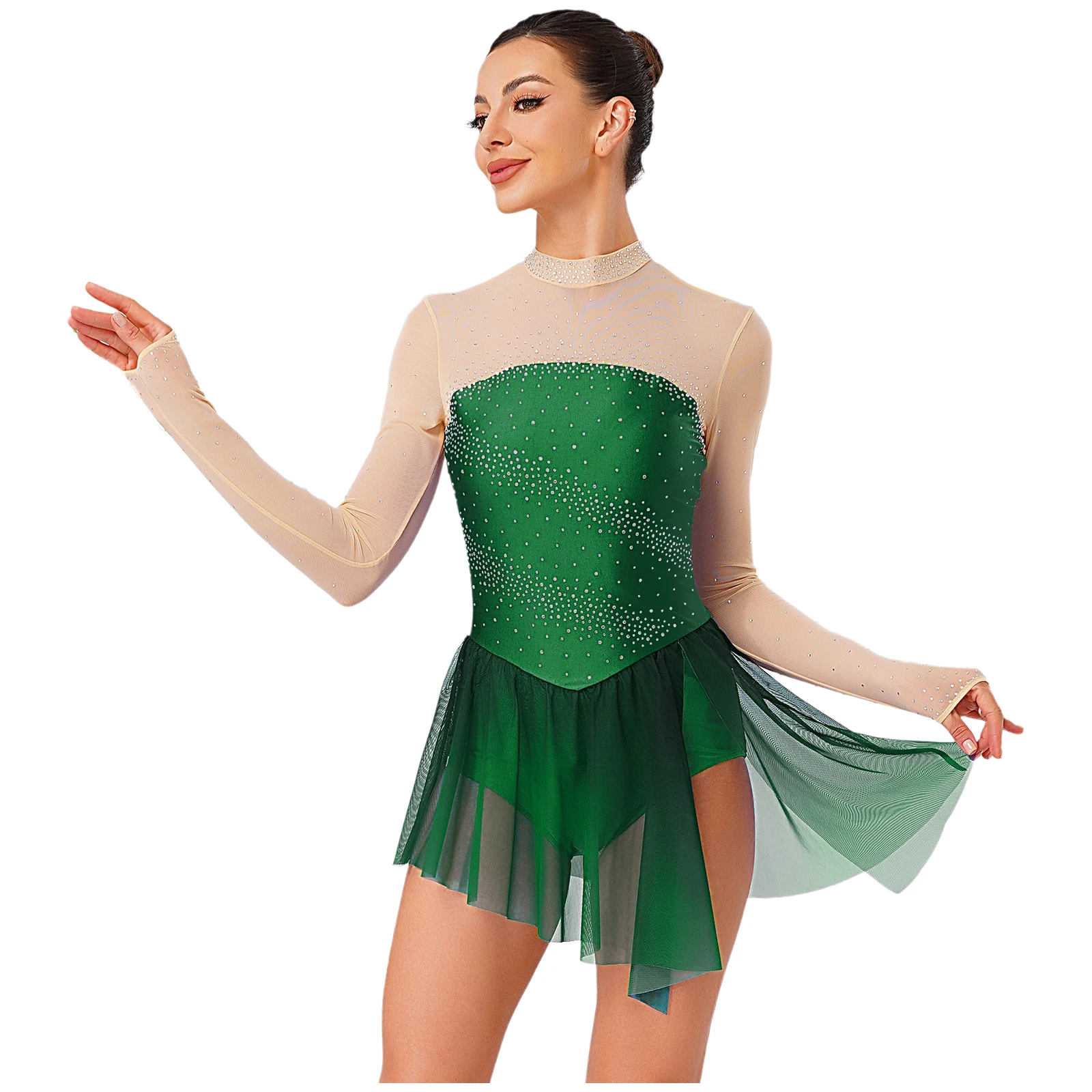 

Leotards Women Figure Skating Rhythmic Gymnastics Dress Shiny Rhinestones Mesh Patchwork Bodysuit Dress for Dance Modern Ballet