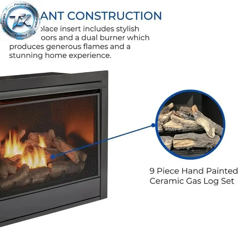 Chimenea de Gas de Doble Combustible sin Ventilación con Control Remoto, 9 Leños, Compatible con Gas Natural/GLP, 32,000 BTU, Calienta hasta 1,500 Pies Cuadrados