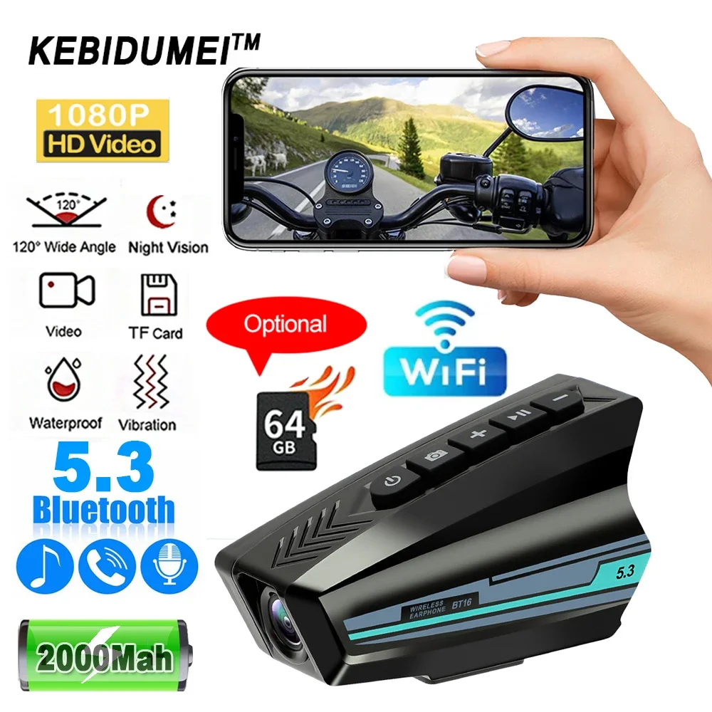 

1080P видео наушники для верховой езды, мотоциклетный видеорегистратор, ночное видение, 2000 мАч, аккумулятор, водонепроницаемая гарнитура для шлема с громкой связью для длительного режима ожидания