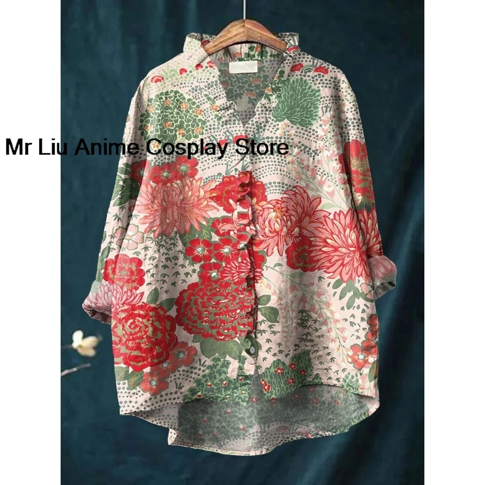Romantic Cottagecore Shirt with Ruffled Collar Women Vintage Patchwork Bohemian Blouse Bubble Crepe Loose Fit Blouse Tops view 3