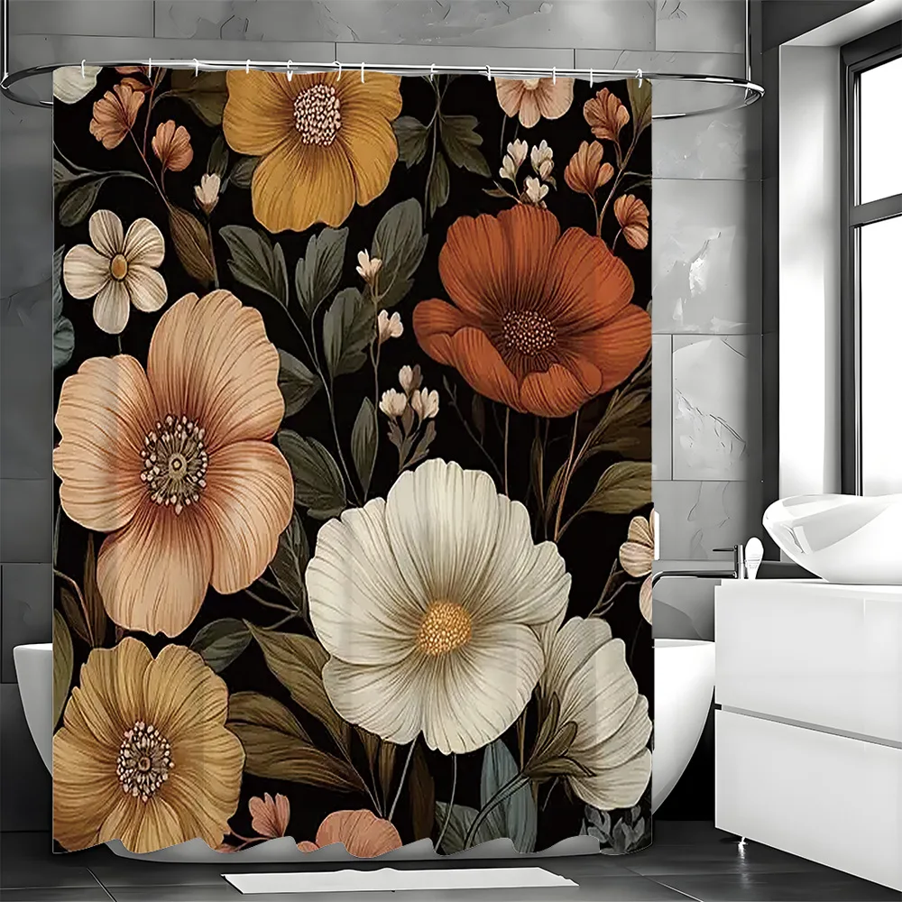 創造的で壮大な花柄シャワーカーテン、洗える、防汚、防水ポリエステル製バスカーテン、ホームデコレーション用