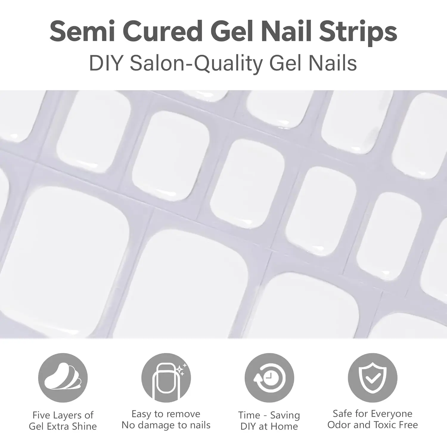 セミキュアジェルフットネイルストリップ（32枚入り） - 足用簡単装着フェイクネイル、サマーサンダル対応、UV/LEDランプ対応（ベーシックW）