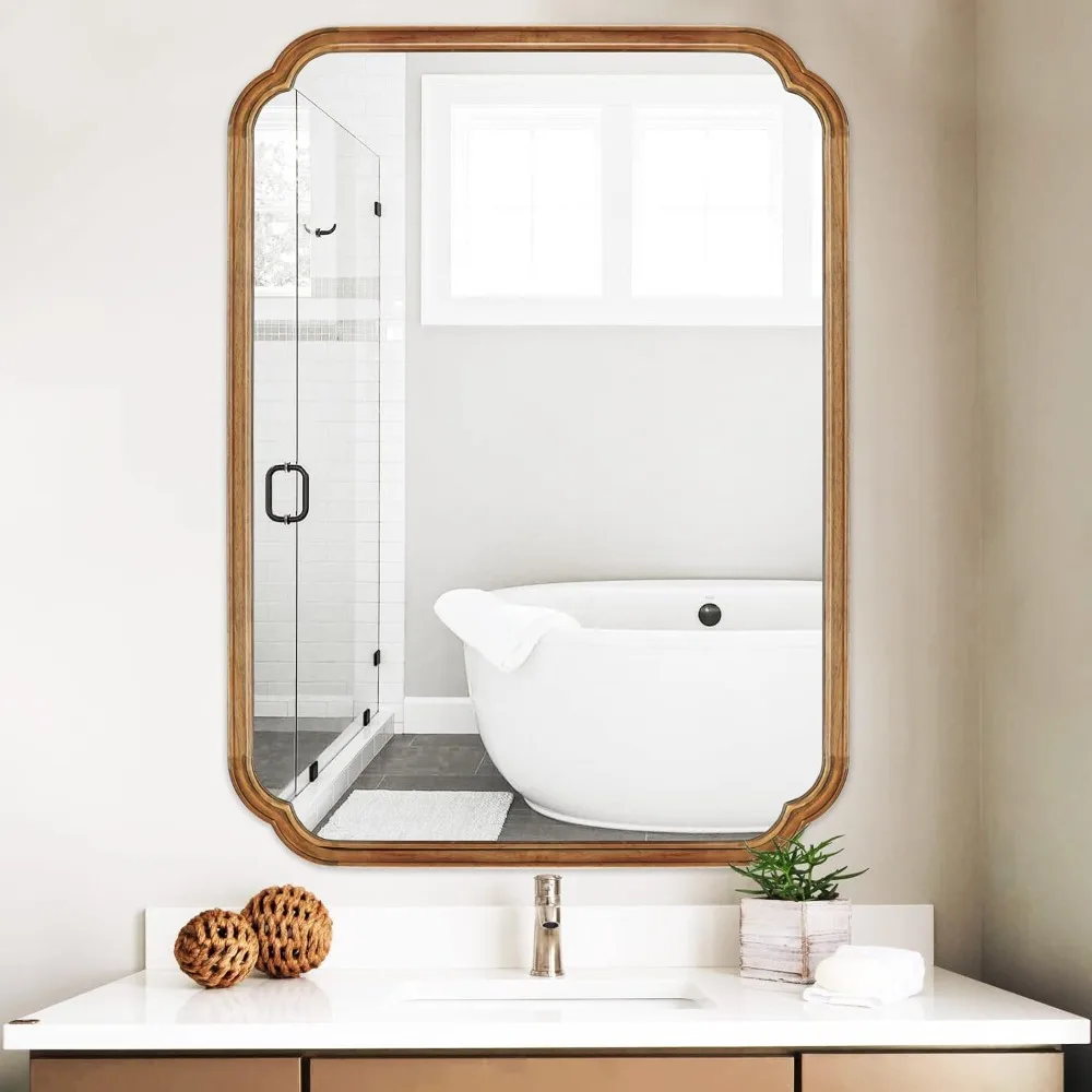 

30" x 40" Rounded Corner Arch Wall Mirror with Wood Frame for Entryway, Living Room or Bedroom Home Decor - Light Woodgrain