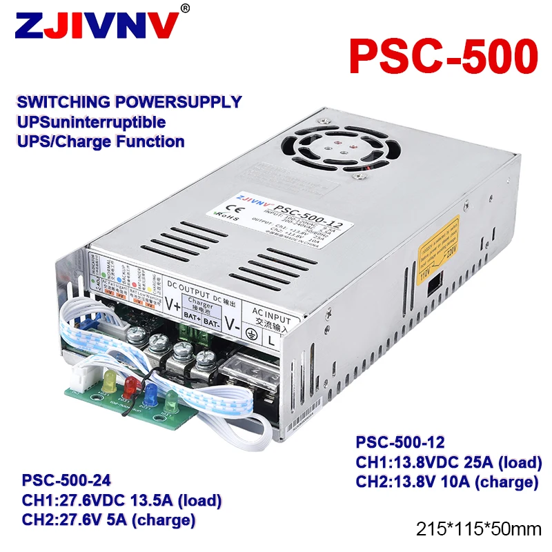500W Compact UPS Uninterruptible Switching Power Supply for 13.8V/27.6V Lead-Acid Batteries Charge Current 10A/5A PSC-500