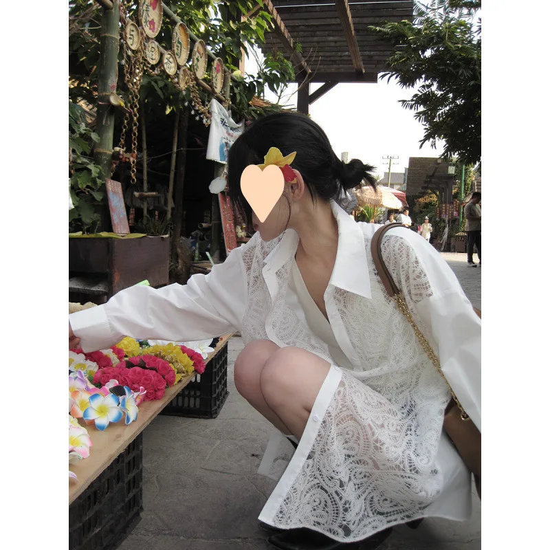

White Hollow-out Lace Patchwork Design Versatile Loose Slimming Long Sleeve Blouse Women's 2025 Spring New Arrival Tops
