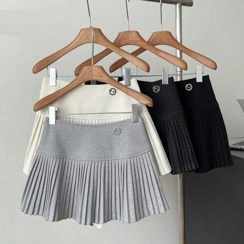 2024 New Spring Summer Hotsweet Girl Woolen Pleated Short Skirts For Women Korean Fashion Sweet A-line High Waist Mini Skirt